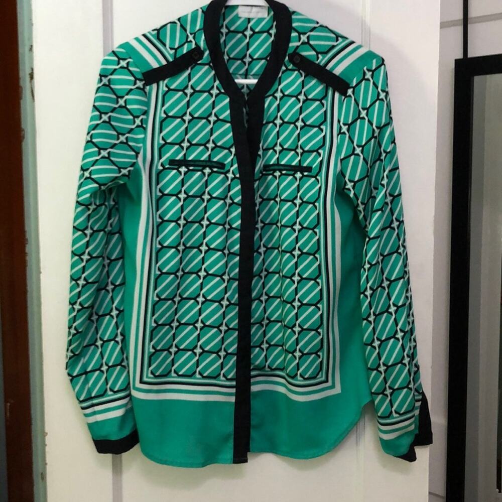 New York & Company teal and black button up blouse S